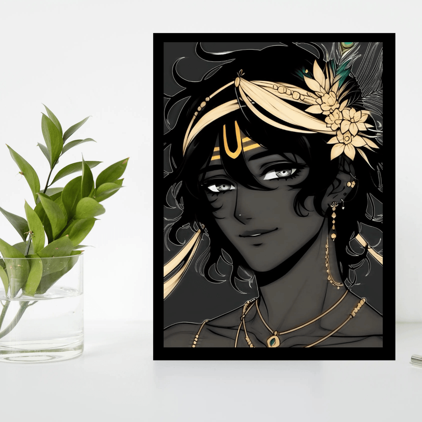 Lord Krishna Wooden Wall Frame – Exquisite Handcrafted Detailing, High - Quality Black Border, Vibrant Colors, Best for Devotional Gifting (8x12 inch) - The Frame Wala