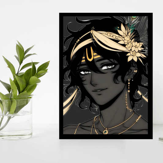 Lord Krishna Wooden Wall Frame – Exquisite Handcrafted Detailing, High - Quality Black Border, Vibrant Colors, Best for Devotional Gifting (8x12 inch) - The Frame Wala